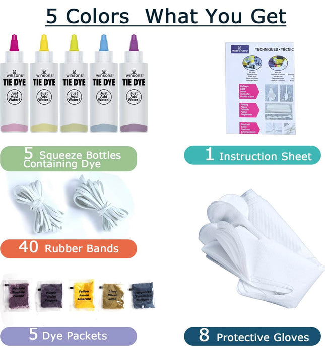 WINSONS Tie Dye Kit, 5 Colours Non Toxic Permanent Fabric Dye Art Set for Kids Women for Homemade Party Creative Group Activities DIY Gift