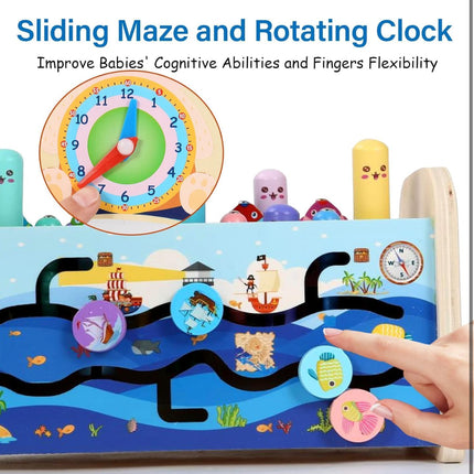 BLiSS HUES 7 in 1 Multiactivity Wooden Montessori Toys Toddlers- Includes Games Whack a Mole- Fishing- Xylophone- Sliding Maze & More- Fine Motor Skills & Sensory Toys for Kids