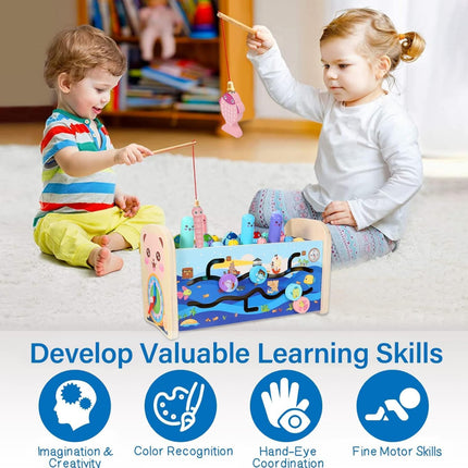 BLiSS HUES 7 in 1 Multiactivity Wooden Montessori Toys Toddlers- Includes Games Whack a Mole- Fishing- Xylophone- Sliding Maze & More- Fine Motor Skills & Sensory Toys for Kids