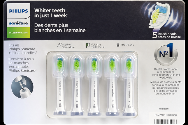 Philips Sonicare W DiamondClean HX6066 Replacement Brush Heads, 5 Full Size Medium Brush Heads - 1 Pack