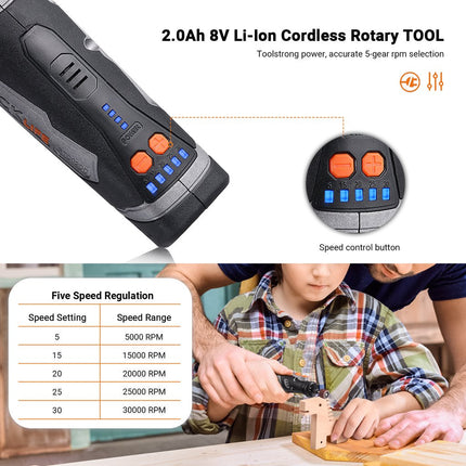 Tacklife Cordless Rotary Tool, 8V Motor 2.0 Ah Li-ion Battery Grinding Drilling Tool Sets, RTD02DC for Craft Projects, DIY Creations, Cutting, Engraving