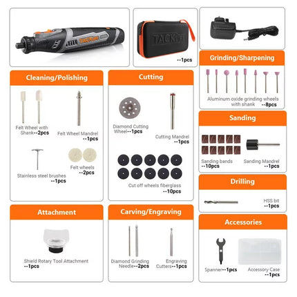 Tacklife Cordless Rotary Tool, 8V Motor 2.0 Ah Li-ion Battery Grinding Drilling Tool Sets, RTD02DC for Craft Projects, DIY Creations, Cutting, Engraving