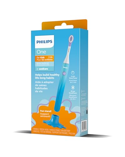 Philips One for Kids by Sonicare, Battery Toothbrush, for Kids Age 3+, with SmarTimer and QuadPacer for Thorough Clean, Lightweight and Colorful Handle, Quick Start Guide, Blue, Model HY1130/02