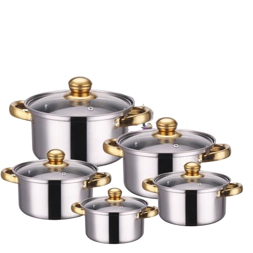 Stainless Steel Cookware Set, 10-Piece, Gold Handles, Glass Lids