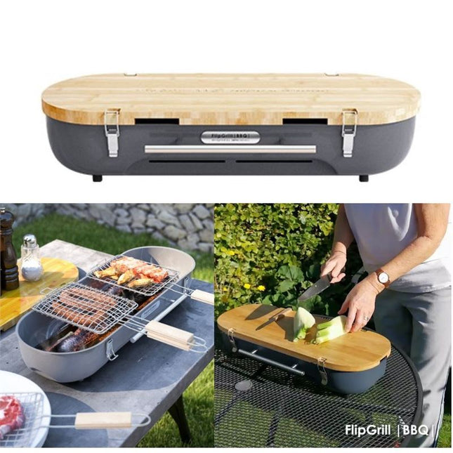 Design Nest Flip Grill Portable Charcoal BBQ with Wooden Cover as Chopping Board