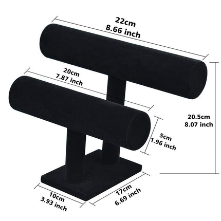 Resulzon 2 Tier Black Velvet T-Bar Bracelet Watch Bangle Necklace Holder Jewelry Stand Display Organizer