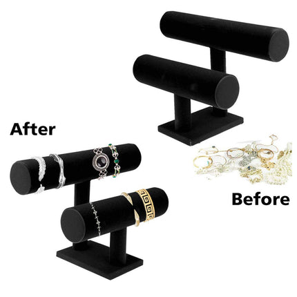 Resulzon 2 Tier Black Velvet T-Bar Bracelet Watch Bangle Necklace Holder Jewelry Stand Display Organizer