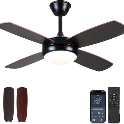 Asyko Black Ceiling Fans with Lights and Remote, 42" Modern Low Profile Ceiling Fan with App and Dimmable, Farmhouse Fan for Indoor/Outdoor Covered Patios
