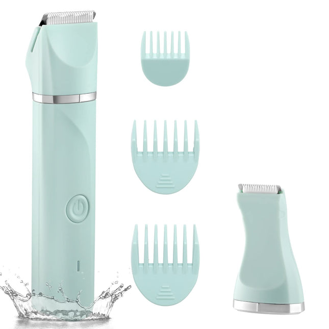 AREYZIN Women's Waterproof Wet & Dry Use Rechargeable Electric Razor Trimmer for Bikini, Legs, Pubic Hair with Snap-in Ceramic Blades IP7X Washable Head, Green