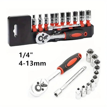 12 Pcs Ratchet Socket Set 1/4 Inch with Quick Release Handle Steel Socket Wrench Set for Boat Motorcycle and Bicycle Automotive Hardware Repair Tools