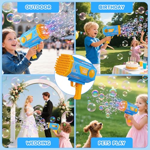 Bubble Machine Gun for Kids Toddlers, Upgraded 125-Hole Bubble Blaster with Bubble Solution & Led, Bubble Bazooka Guns for Wedding Outdoor Party Birthday Beach Toddlers Boys Girls, Blue