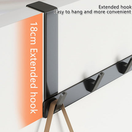 Over The Door Hooks Hanger with Long Arms, Door Hanger with 5 Coat Hooks, Aluminum Towel Holder for Bathroom, Heavy Duty Coat Rack for Hanging Key Clothes Hat Towel Jacket (Black)