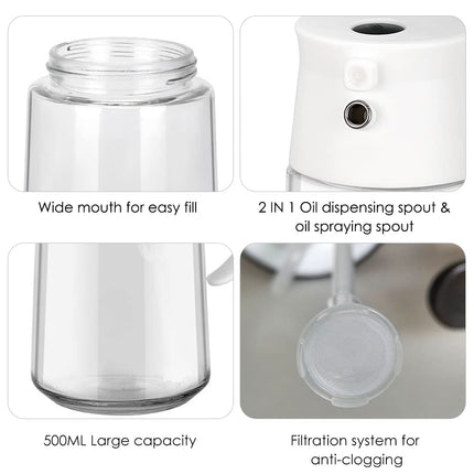 TINMIX Oil Sprayer for Cooking - 2 IN 1 Glass Oil Dispenser & Olive Oil Mister Sprayer Bottle for Kitchen Frying Grilling Salad BBQ, Large Capacity 500ml, White