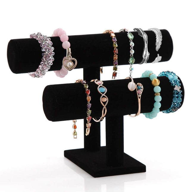 Resulzon 2 Tier Black Velvet T-Bar Bracelet Watch Bangle Necklace Holder Jewelry Stand Display Organizer