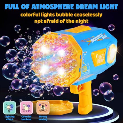 Bubble Machine Gun for Kids Toddlers, Upgraded 125-Hole Bubble Blaster with Bubble Solution & Led, Bubble Bazooka Guns for Wedding Outdoor Party Birthday Beach Toddlers Boys Girls, Blue