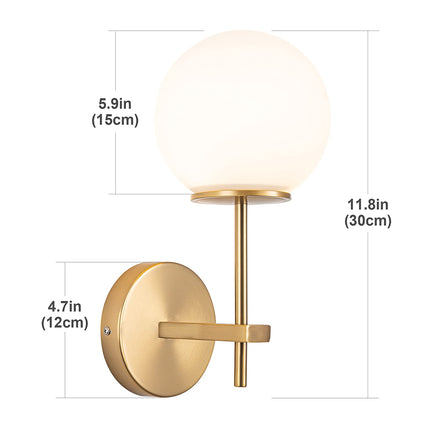 Battery Operated Wall Sconces Set of 2,Not Hard Wired Brass Gold -White Glass Globe Wall Lights, Wireless Lamp Fixture for Bedroom, Living Room, Bathroom, Hallway