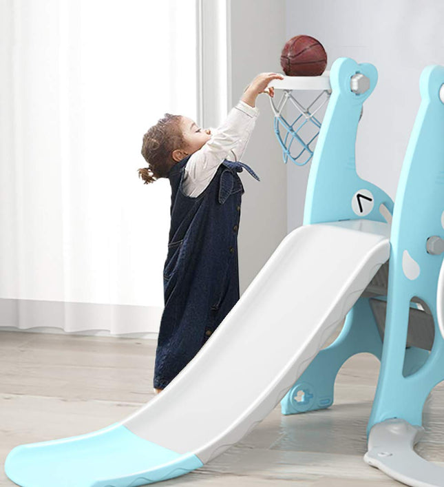 EAQ 4-in-1 Slide and Swing Set with Climber and Basketball Hoop,Play Climber Slides Playset for Indoor & Backyard ，Gifts for Toddlers(Blue)