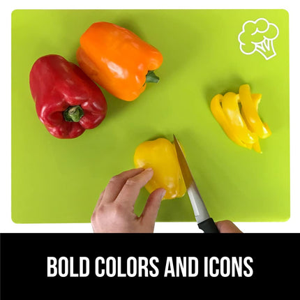 GORILLA GRIP Original Set of 5 Flexible Plastic Cutting Boards, 4 Large Plus Small Board, Gripped Backing, Dishwasher Safe, Non Porous, Multi Color