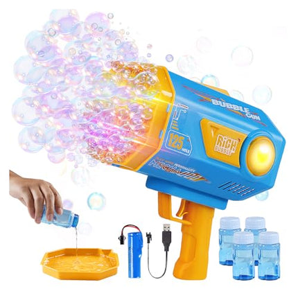 Bubble Machine Gun for Kids Toddlers, Upgraded 125-Hole Bubble Blaster with Bubble Solution & Led, Bubble Bazooka Guns for Wedding Outdoor Party Birthday Beach Toddlers Boys Girls, Blue