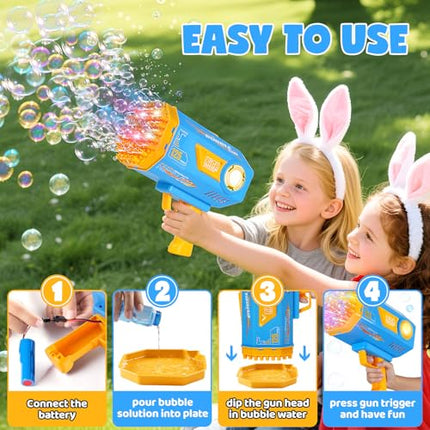 Bubble Machine Gun for Kids Toddlers, Upgraded 125-Hole Bubble Blaster with Bubble Solution & Led, Bubble Bazooka Guns for Wedding Outdoor Party Birthday Beach Toddlers Boys Girls, Blue