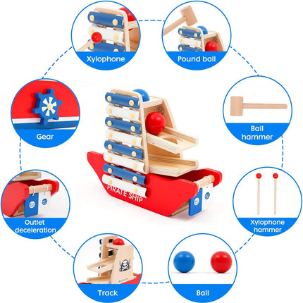 NUKied Montessori Toy from 3 Years, Xylophone and Hammer Game Toy from 2 Years, Model of a Pirate Ship Wooden Toy, Montessori Educational Toy for Girls Boys from 2 3 4 5 Years