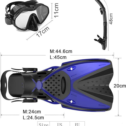 Snorkel Mask Set for Adults Diving Swimming Equipment with Flippers, Snorkelling Antifog Mask and Gear with Breathing Tube Fins for Men, Women