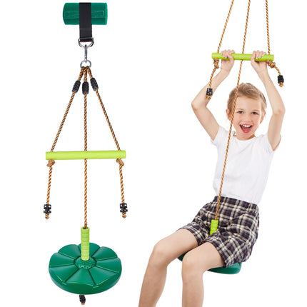 AGPTEK Disc Swing with Monkey Bars, Tree Swing Set Accessories Rope Disk Swing Seat with Carabiner and 22in Hanging Strap Heavy Duty Swingset for Zipline Outdoor Playground, Jungle & Gym Green