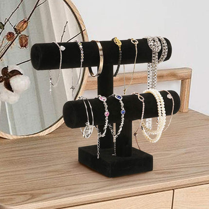 Resulzon 2 Tier Black Velvet T-Bar Bracelet Watch Bangle Necklace Holder Jewelry Stand Display Organizer