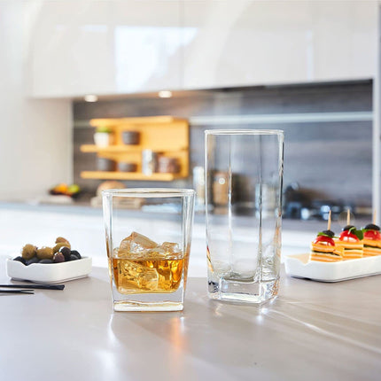 Collins Everyday Set of 16 Drinkware Kitchen Glasses for Cocktail, Iced Coffee, Beer, Ice Tea, Wine, Whiskey, Water, 8 Tall Highball Glass Cups & 8 Short Old Fashioned Drinking Glass