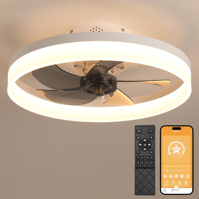 Mossco 19.7'' Ceiling Fans with Lights, Semi-Enclosed Flush Mount Low Profile Fan for Safe Use, 6 Speeds, Reversible, LED Dimmable, 3 Color Temperature, DC Motor,with Remote Minimalist, White