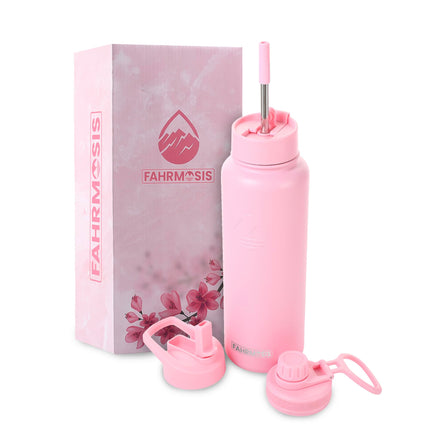 FAHRMOSIS 24oz insulated Stainless Steel Water Bottle with Straw Includes 3 Lids, PINK
