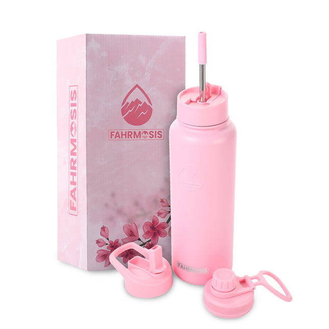 FAHRMOSIS 24oz insulated Stainless Steel Water Bottle with Straw Includes 3 Lids, PINK