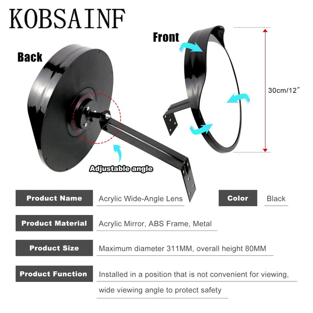 KOBSAINF 12" Convex Mirror Outdoor with Adjustable Wall Fixing Bracket,Driveway Mirror,Blindspot Traffic Mirror for Driveway Garage Park Outdoor Wide Angle View Curved Security Blind Spot Mirrors