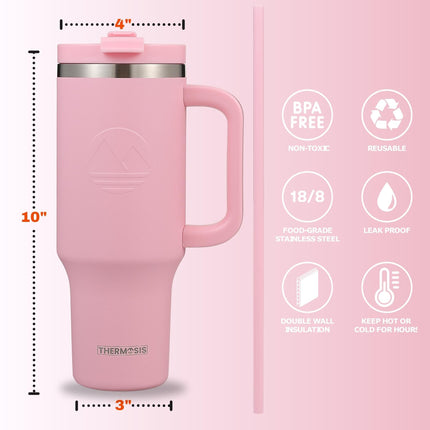 Thermosis 40oz Leakproof Stainless Steel Tumbler with Handle & Straw Insulated, PINK