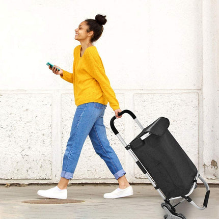 EALING Anti-Slip Bar Folding Shopping Trolley Utility Cart with 3+3-Wheels, Detachable Bags 2 Extra Pockets Adjustable Bungee Cord, Black/Silver
