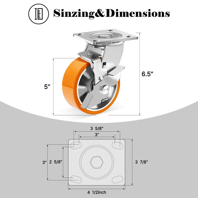 W B D WEIBIDA 5 Inch Heavy Duty Casters Set of 4, Industrial Grade Casters Wheels with Brake 4000 LBS, Maintenance-Free Polyurethane on Aluminum Wheels, Plate Swivel Casters Wheels for Cart, Machine