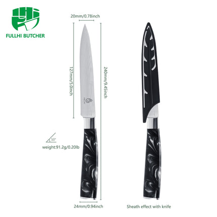 FULLHI 5" Multicolor Japanese Utility Stainless Steel Paring Knife with Sheath Guard, Black Resin