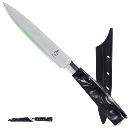 FULLHI 5" Multicolor Japanese Utility Stainless Steel Paring Knife with Sheath Guard, Black Resin