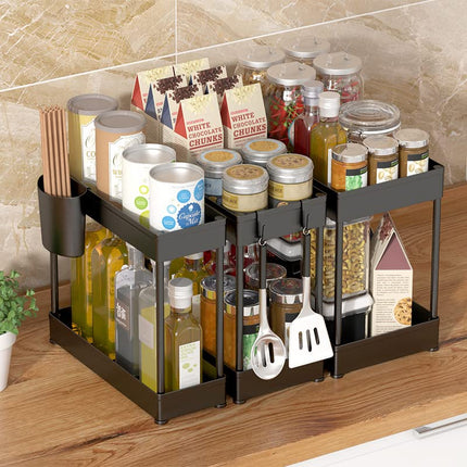 KUSARKO 2-PACK Under Sink 2-Tier Plastic Shelf Organizers + Storage for Kitchen, Bathroom, Medicine Cabinet with Hooks & Cup, BLACK