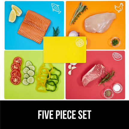 GORILLA GRIP Original Set of 5 Flexible Plastic Cutting Boards, 4 Large Plus Small Board, Gripped Backing, Dishwasher Safe, Non Porous, Multi Color