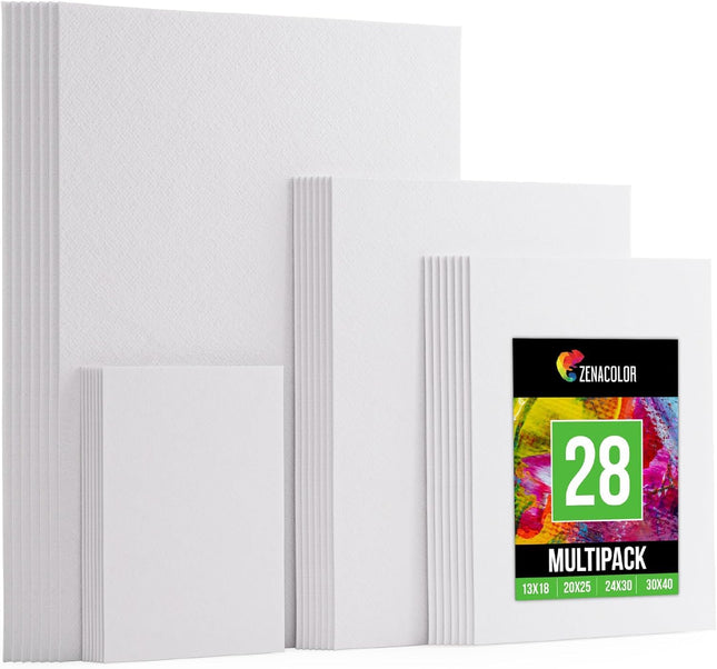 28 Canvases for Painting - Multisize Set, 5x7, 8x10, 9x12, 12x16 - White Canvas Boards -100% Cotton, 280 GSM and Acid-free