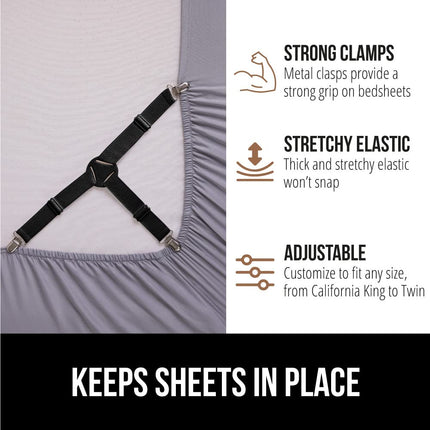 GORILLA GRIP 8-PACK Adjustable Elastic Fasteners with Metal Clips, Keep in Place Fitted Bedding Straps, Black