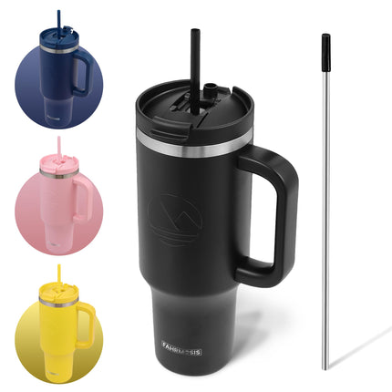 FAHRMOSIS 40oz insulated Hot n Cold Stainless Steel Tumbler with Handle and Straw, BLACK
