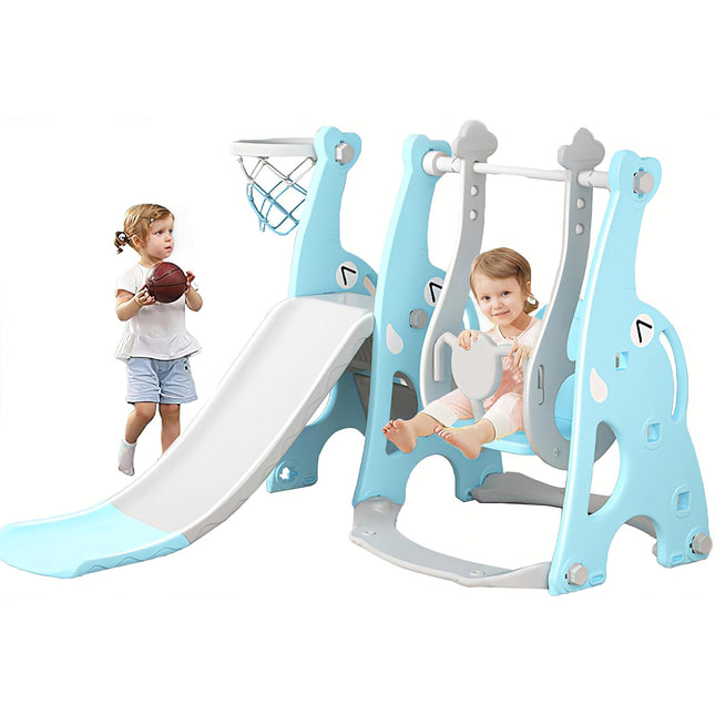 EAQ 4-in-1 Slide and Swing Set with Climber and Basketball Hoop,Play Climber Slides Playset for Indoor & Backyard ，Gifts for Toddlers(Blue)