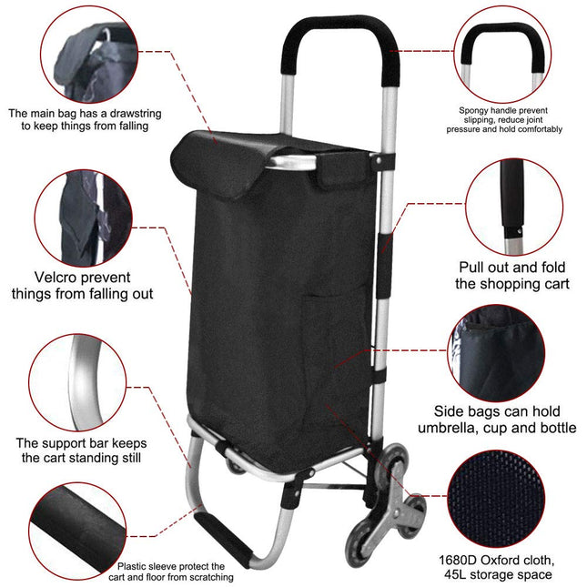 EALING Anti-Slip Bar Folding Shopping Trolley Utility Cart with 3+3-Wheels, Detachable Bags 2 Extra Pockets Adjustable Bungee Cord, Black/Silver