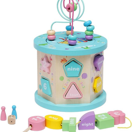 Wooden Activity Cube Baby Toys Montessori Toys for 1+ Year Old 4-in-1 Educational Learning Toys with Bead Maze T121