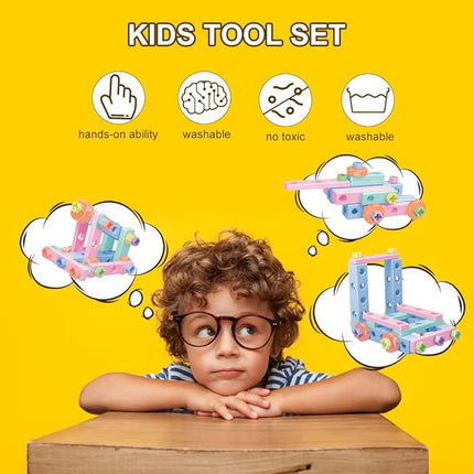 Bee bee Run 79PCS Kids Tool Set with Tool Box & Electronic Toy Drill, Pink STEM Pretend Play Tool Toy T20