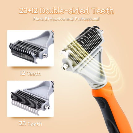 Professional Pet Dematting Comb with Double Sided Stainless Steel Pet Safe Blades, Shedding Brush Undercoat Rake tool for Removing Knots and Tangled Hair.