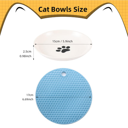 3 Pack Ceramic Cat Bowls, Plate with 3 Pack Silicone Pet Feeder Mats