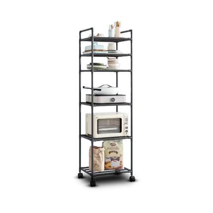 Jungle Fox Black 6 Tier Kitchen Storage Rack with Wheels, Adjustable, Durable, Easy-to-Assemble Organizer for Kitchen and Bakers, Functional Design
